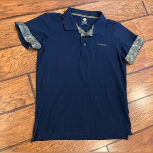 Columbia Polo Shirt mens Medium navy blue green camo trim Omni Wick soft casual